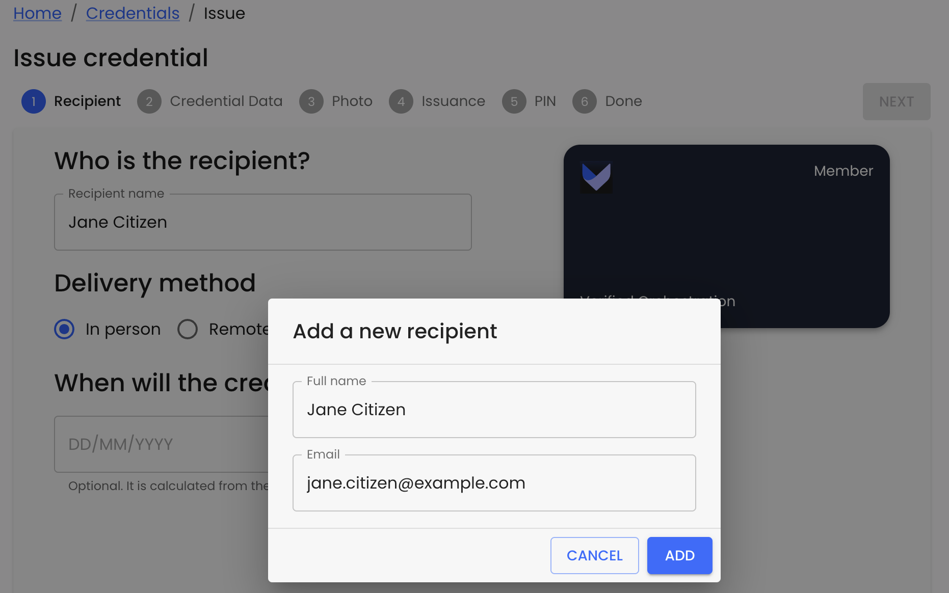 Add recipient popup